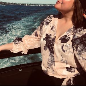 Silk Wrap Bodysuit with Bell Sleeves